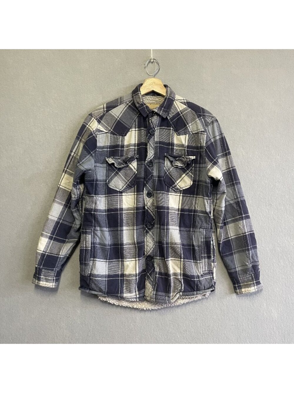Roebuck & Co Sherpa-Lined Plaid Flannel Jacket Small Blue Gray